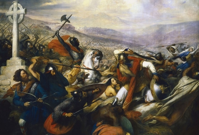 Karl Martel standser maurernes fremrykning i 732 i slaget ved Poitiers. 