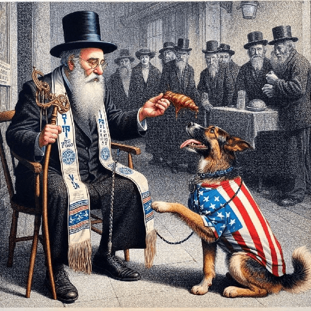 Jødisk mand fodrer amerikansk schæferhund med en croissant