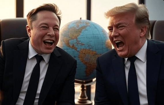Musk og Trump siddende ved en globus med sejrrigt ansigtsudtryk.