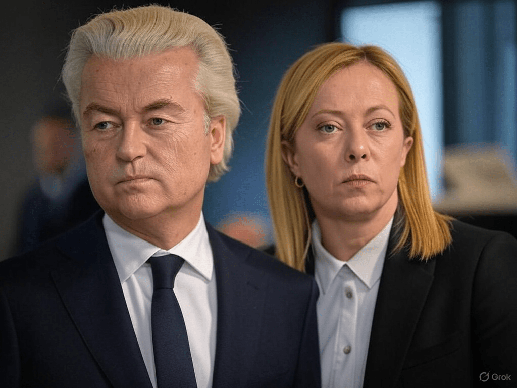 Giorgia Meloni og Geert Wilders AI-portræt